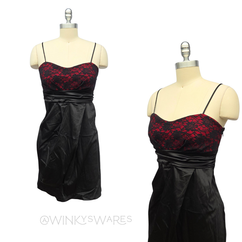Vintage 90s Y2K Gothic Mini Dress Size S Black Red Lace Satin Whimsigoth HoCo